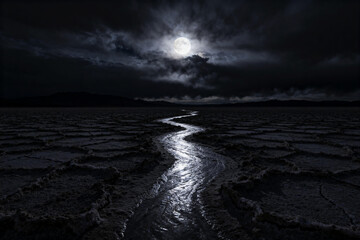 Moonlit River Through Cracked Desert Landscape