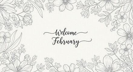 Fototapeta premium Elegant February Welcome Floral Wreath Illustration with Handwritten Script on White Background