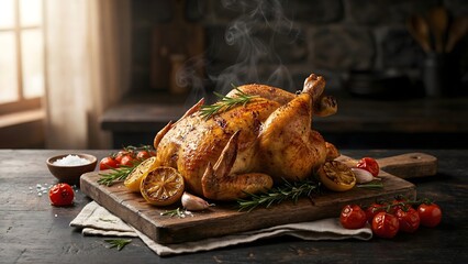 Steaming whole roasted chicken served on rustic wooden board with rosemary lemon and garlic window lighting food photograph