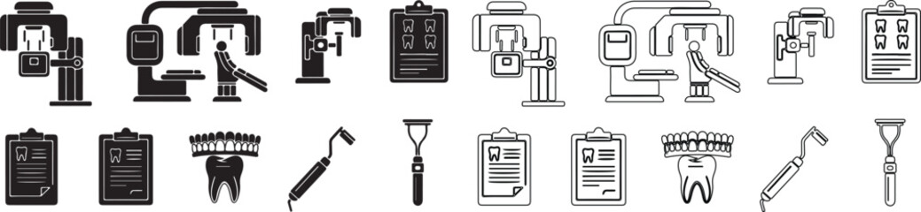 Obraz premium Dental and Dentistry Icons Set. Modern Line and Glyph Style Vector Collection. isolated PNG with Transparent Background