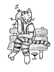 Cat, bird, bench, serenade, peaceful, harmonious, striped, gentle, relaxed, friendship, whimsical, musical, park, black and white, charming