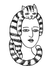A quirky line drawing of a person's head with a striped cat draped over it like a hat and scarf