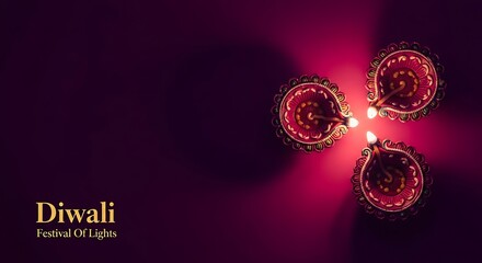 Happy Diwali Background with Three Ornate Lit Oil Lamps on Magenta Background - Festival of Lights Greeting Card Design with Traditional Diyas.
