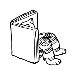 The cat sleeping in the book, striped, head stuck between the pages, tail out, paws inside, linear ink drawing, tattoo, stamp, seal