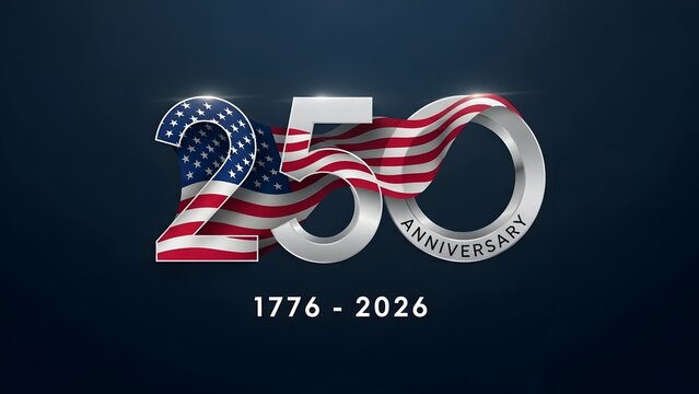 USA 250th Anniversary Commemorative Logo with American Flag, 1776-2026 Semicentennial Celebration Concept on Dark Background