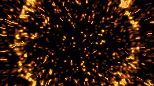 particle explosion, Abstract fire particles explosion, Gold Explosion effect. Festive Fireworks. Flying sparks and embers from a fire, Floating golden sparkles. Glowing Particles burst on black screen