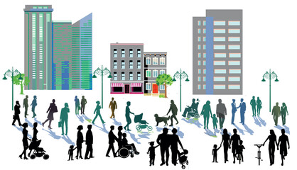 Stra&szlig;en Panorama mit vielen Menschen Paare und Familien auf der Stra&szlig;e, illustration