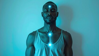 Energy Flow Visualization: Practitioner analyzing glowing meridian points in hologram
