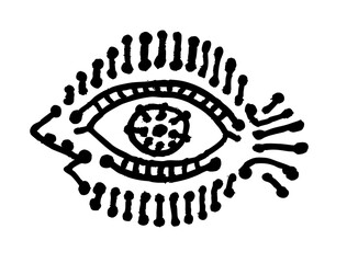 black and white image of a stylized fish made of brushstrokes, with an eye in the center