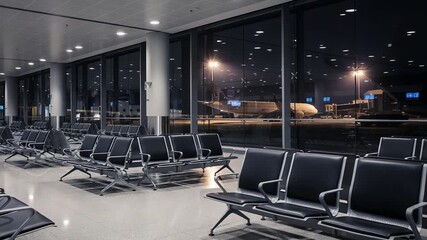 quiet airport hall featuring illuminated runway and empty seats