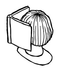 A line drawing shows the back of a person's head with short, bobbed hair, partially obscured by an open book they are reading