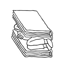 A person is sandwiched between two large stacks of paper, looking overwhelmed and somewhat crushed. Simple line art