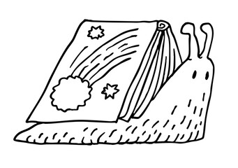 A whimsical line drawing depicts a snail with a book as its shell. The book cover shows a comet and stars. © Anatoly Shapoval