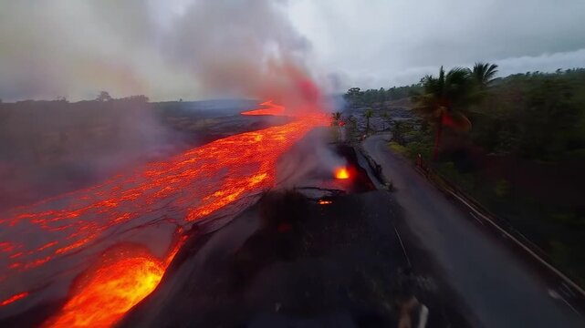 Fiery lava flow engulfs homes and roads in a dramatic volcanic eruption, showcasing nature's destructive power and the resilience of the landscape.