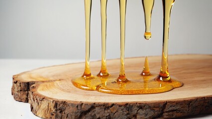 Golden leaves are lying on a cut of a tree, while honey pours from a wooden spoon, forming streaks and puddles. Bright light creates a feeling of sweetness and warmth, emphasizing the beauty 