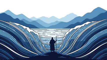 Man with staff standing before parted sea waters.