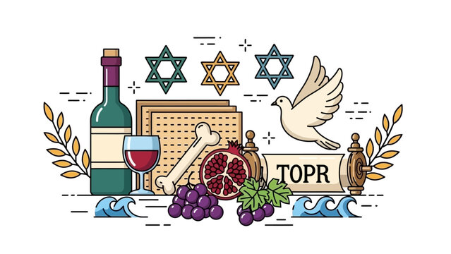Passover Seder Plate Symbols and Elements Collection.