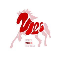 Holiday card Happy New Year 2026. Stylized image of a fire horse according to the Eastern Chinese calendar. Astrological New Year.	
