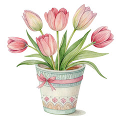Colorful watercolor tulips in a decorative pot celebrating springtime beauty and freshness