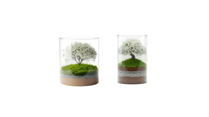 Glass terrarium with miniature tree landscape.