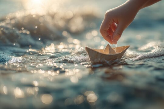  child's hand places boat made of paper in the sea