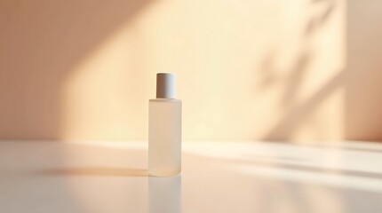 Minimal Frosted Glass Cosmetic Bottle on Reflective Surface with Soft Halo Lighting
