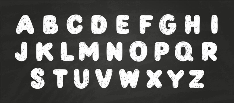 A set of English alphabet letters, handwritten in white chalk on a black isolated background.