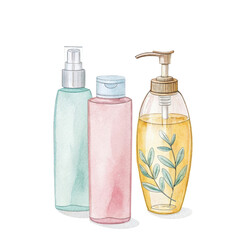 Watercolor illustration of a hair care set featuring shampoo, conditioner, and hair oil for healthy hair care routines