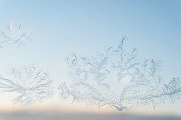 Feathery Hoarfrost Patterns on Window against Blue Sky