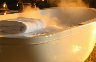 Minimalist bathroom with steam rising from bathtub , golden evening routine and stress relief sanctuary