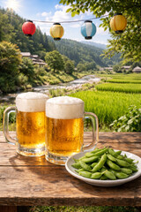 枝豆とビールで夏を楽しむ里山風景
