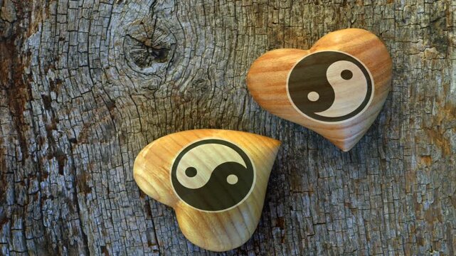 Yin Yang symbols on Wooden hearts .
Concept of dualism and complementarity in Chinese philosophy 