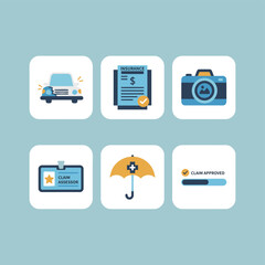 Fototapeta premium Professional car insurance and vehicle claim process icons with damaged car, policy document, digital camera, claim assessor ID card, protective umbrella and approved claim status progress bar