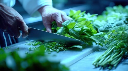 Culinary Craft: A chef expertly minces fresh herbs, with focus on precision and skill. the vibrant greens and the sharp knife against the cutting board. capturing the dedication and culinary skill.