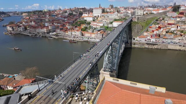 Aerial view of Dom Luis I Bridge and Porto skyline
High perspective capturing the bridge and city layout along the river.
