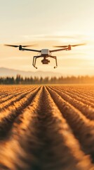 A drone flies above plowed farm fields during golden hour sunset with distant trees and hills.