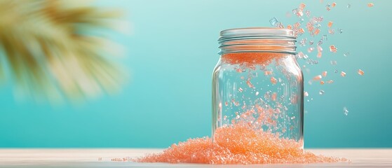 Glass jar filled with orange crystals spilling onto a light surface against a soft blue backdrop with blurred green leaves overhead.