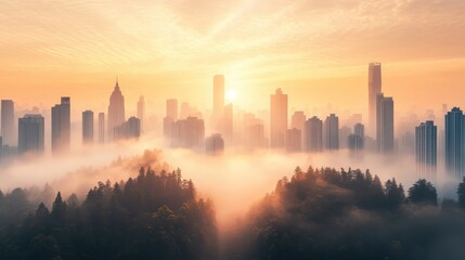 Majestic city skyline emerges from ethereal morning mist blanketing lush forest trees under a warm golden sunrise sky.
