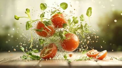 Tomatoes and green leaves explode with water droplets on a wooden surface with blurred background