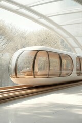 Futuristic white train with transparent windows traveling on sleek tracks through a bright, modern station with surrounding natural trees and a clean white floor.