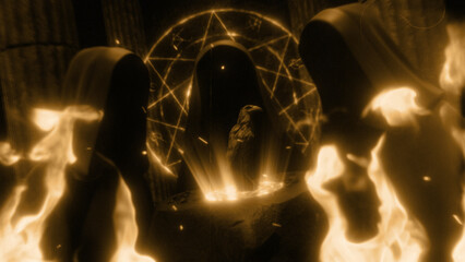 Three Dark Hooded Figures Stood at a Stone Altar