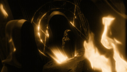 Three Hooded Figures Stood at a Stone Altar
