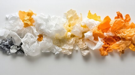 Crumbled tissue paper in gradient colors from gray to orange creates an abstract texture on a white background