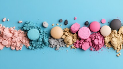 Colorful makeup powders and round compacts arranged in a line on a bright blue background, showcasing a variety of textures and shades.