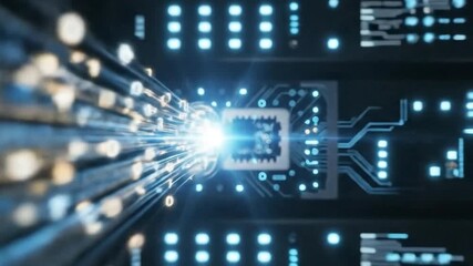 Macro Animation of High Speed Data Transfer through Fiber Optic Cables into CPU - Powered by Adobe