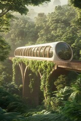 Futuristic white train traveling on a vine covered bridge through a lush green jungle landscape during sunrise.