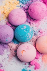 Vibrant colored spheres nestled in a colorful powder explosion, abstract background with bright pigments, smooth round objects with textured surfaces.