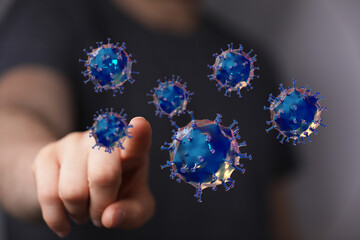 3D rendered illustration of a hand pointing to floating coronavirus cells, a symbol of the global pandemic thr