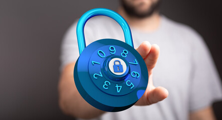 Man holding a blue lock, symbolizing security, data protection and safety. Concept for secure online connection
