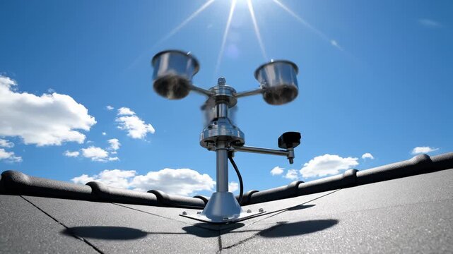 Anemometer Measuring Wind Speed on Rooftop Against Blue Sky